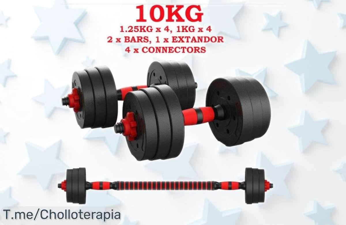 Juego de mancuernas ajustables Allinlife 2 en 1 con barra y kettlebell para hasta 30kg, precio rebajado increíble que no dura mucho, super chollo para ponerte fuerte en casa ¡Hazte ya con este ofertón antes que desaparezca!