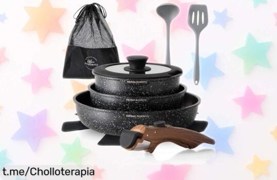 Juego de ollas Kitchen Academy 8 piezas con mango extraíble y tapa de cristal alucinante, ¡precio bajado para cocinar rápido en inducción y llevar a todos lados! No pierdas este ofertón que vuela rápido, corre ya antes que se agoten