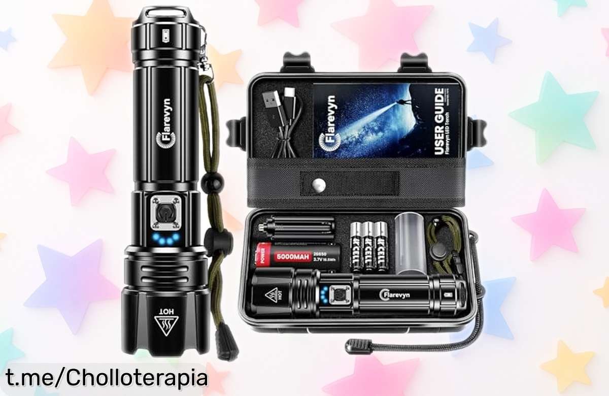 Linterna LED Flarevyn súper potente con 1.000.000 lúmenes y carga móvil, ¡precio rebajado de locos! Ilumina hasta 1200 m y resiste cualquier aventura, solo por tiempo limitado corre que vuelan este super chollo irreversible