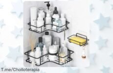 Organizador de ducha Yeabett sin taladro en acero negro anti óxido, aguanta hasta 15 kg y con precio rebajado que no podrás dejar escapar ¡haz tu baño más ordenado ya mismo!