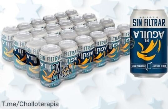 Pack 24 latas cerveza lager El Águila sin filtrar sabor malta caramelo y aroma cítrico rebajado a un precio loco ¡Este ofertón vuela rápido, no te quedes sin tu pack ya!