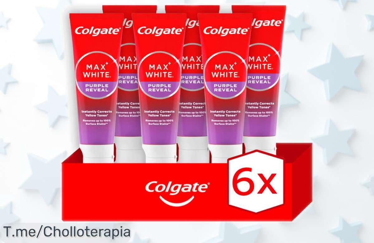 Pack 6 pastas de dientes blanqueadoras Colgate Max White Purple Reveal con corrección instantánea para un tono más blanco, rebajado a precio muy bajo y por tiempo limitado ¡hazte ya con este ofertón que no se repite!