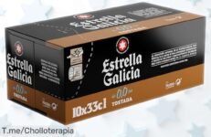 Pack de 10 latas cerveza lager Estrella Galicia 0,0 con sabor tostado y equilibrio perfecto precio rebajado para que disfrutes sin alcohol ¡Un super chollo limitado que no puedes dejar pasar ya!