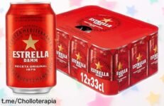 Pack de 12 latas Estrella Damm con sabor original y súper refrescante oferta brutal por tiempo limitado ¡corre que vuelan!