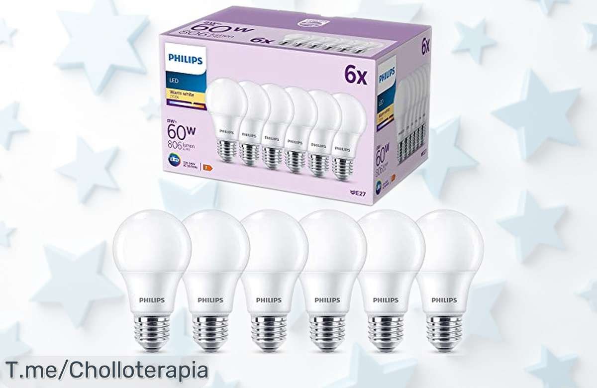 Pack de 6 bombillas LED clásicas Philips 8W con luz cálida y diseño mate, un ofertón con precio rebajado que no volverá; ilumina tus espacios hoy mismo antes de que se agote esta caída de precio única.