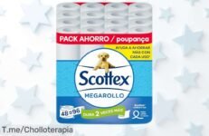 Papel higiénico Scottex Megarollo doble pack 48 rollos ultra suave y resistente con precio rebajado para que nunca falte en casa ¡un ofertón único que vuela! No dejes pasar esta oportunidad, compra ya antes de quedarte sin tu pack gigante