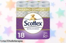 Papel higiénico acolchado Scottex 18 rollos con hoja ultra suave y toque seda a precio rebajado que no volverás a ver, super chollo por tiempo limitado ¡Date prisa o lo pierdes!