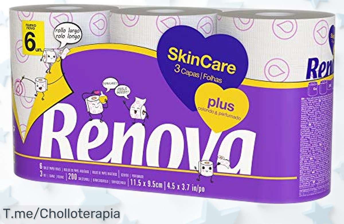 Papel higiénico perfumado Renova skin care plus 6 unidades con 23 metros cada uno, precio rebajado para que disfrutes un super chollo en tu baño ¡date prisa que vuelan las unidades!