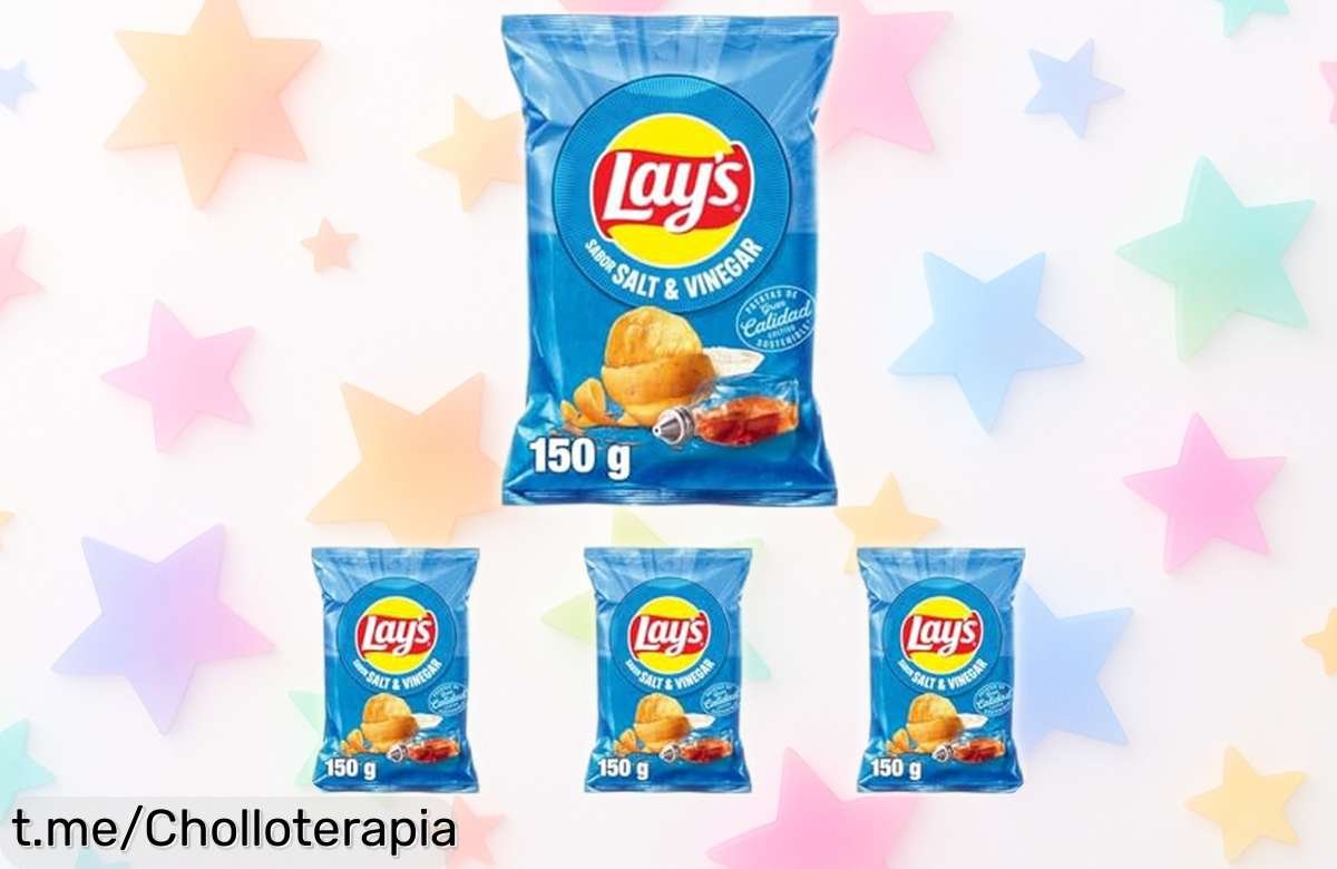 Patatas Lay’s vinagreta 4x150g con sabor único a sal y vinagre, super rebajadas por tiempo limitado para que disfrutes sin gluten de un picoteo irresistible ¡corre que se acaban!