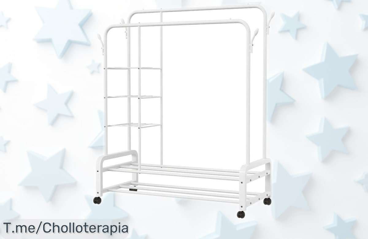 Perchero burro doble T-LoVendo con ruedas y ganchos laterales más 3 baldas rebajado a precio loco para que organices todo sin líos ¡date prisa que este súper chollo desaparece ya!