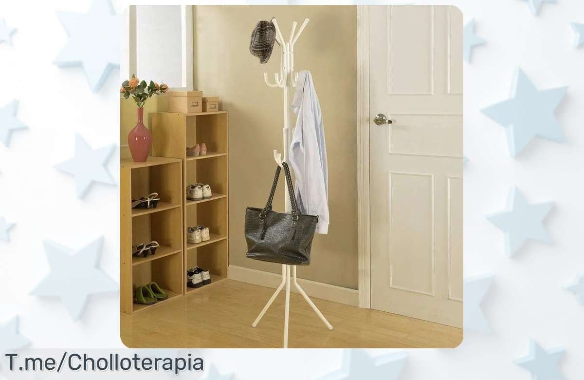Perchero de pie metálico blanco súper estable con diseño moderno y montaje sin líos rebajado a precio loco, ideal para organizar abrigos, bolsos y sombreros ¡corre que vuelan estas unidades con esta caída de precio brutal!