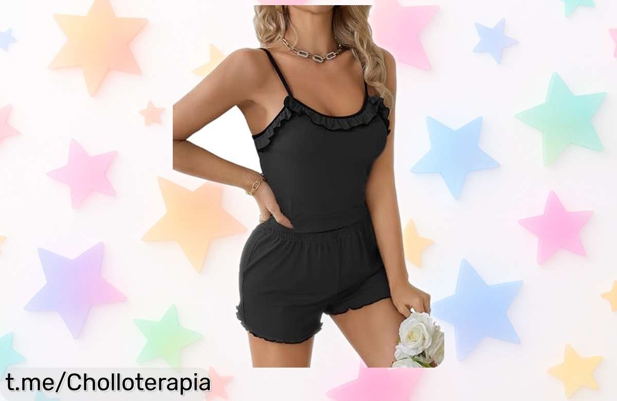 Pijama verano mujer dos piezas negro con tirantes ajustables y pantalón corto de tela suave que enamora, precio rebajado increíble para vestir en casa o dormir; ¡chollazo limitado que vuela rápido, no lo dejes escapar!