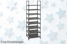 Práctico zapatero organizador con estructura de metal y 8 baldas para 16-20 pares en negro, precio rebajado que no verás otra vez ¡Date prisa que esta caída de precio increíble vuela!