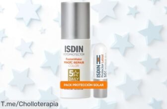 Protector solar facial y labial ISDIN Fusion Water Repair Color SPF 50 con precio rebajado, repara e hidrata tu piel como nunca antes, ¡un ofertón limitado que vuela rápido! No pierdas la oportunidad de cuidar tu piel al máximo hoy mismo