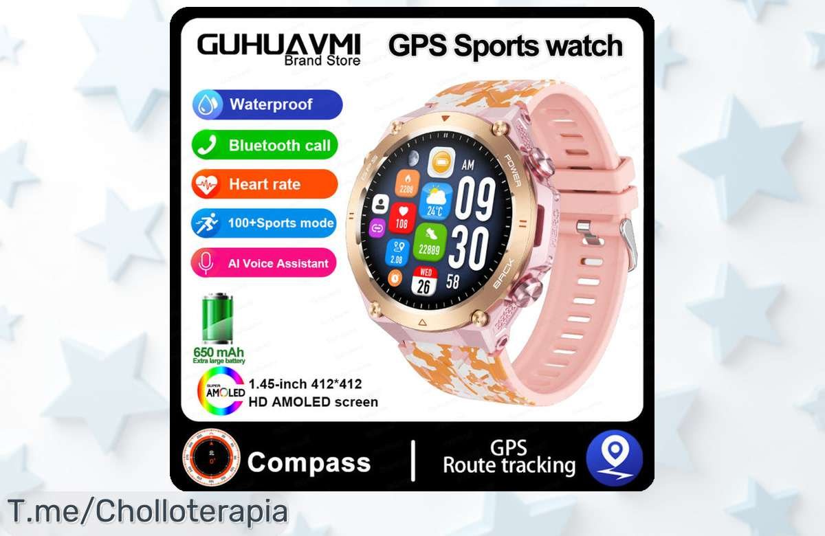 Reloj inteligente militar con pantalla amoled 1,45” y bluetooth barra llamada rebajado a precio loco perfectísimo para deportistas al aire libre con pulsómetro e impermeable total ¡Corre que vuelan estas unidades hoy mismo!