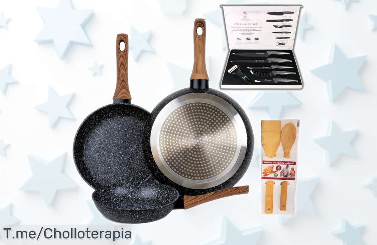 Set de 3 sartenes antiadherentes a la piedra con cuchillos y utensilios de bambú, ahora rebajados para que estrenes cocina sin gastar una fortuna ¡No te pierdas este super chollo porque vuelan rápido!