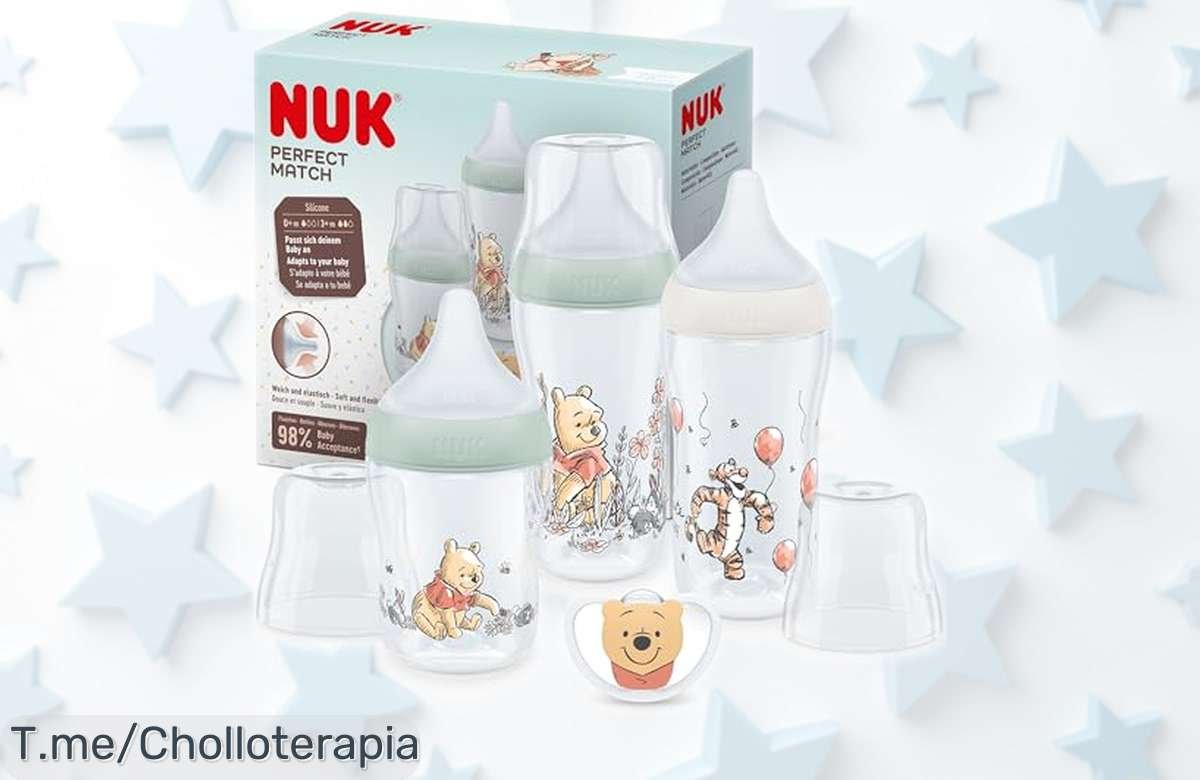 Set de biberones anticólico NUK perfect match con chupete winnie the pooh suave y cuidadoso para tu bebé rebajado por tiempo limitado ¡Aprovecha este super chollo de 4 unidades antes que se acabe!