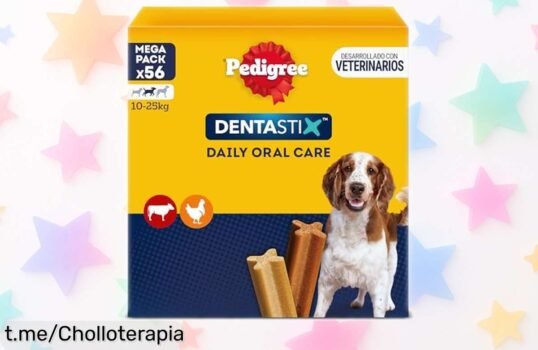 Snack dental Pedigree Dentastix para perros medianos con 56 unidades que limpian los dientes y refrescan el aliento sin grasa, ahora a un precio rebajadísimo que no durará mucho ¡dale a tu peludo la sonrisa sana que se merece ya!