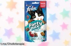 Snacks Purina Felix Party Mix Ocean para gatos adultos con salmón y pescado, pack de 8 bolsas rebajado ¡un super chollo que tu peludo va a amar! Corre que la oferta se acaba ya y tu gato merece este mimo delicioso