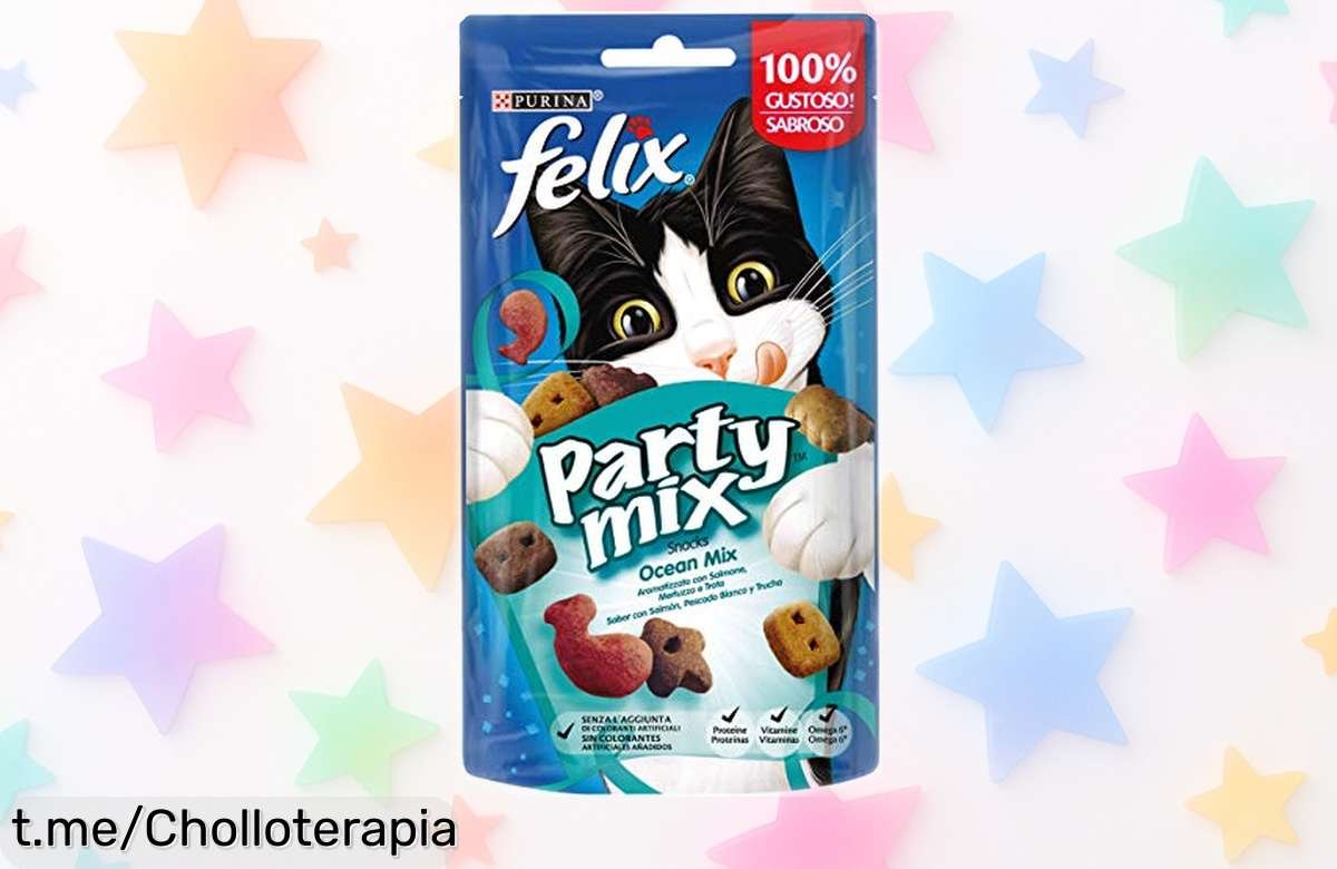 Snacks Purina Felix Party Mix Ocean para gatos adultos con salmón y pescado, pack de 8 bolsas rebajado ¡un super chollo que tu peludo va a amar! Corre que la oferta se acaba ya y tu gato merece este mimo delicioso.