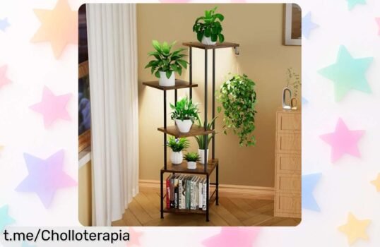 Soporte para plantas con lámpara de cultivo y 5 niveles de luz, diseño resistente en metal y madera impermeable rebajado ahora, una oferta brutal que no puedes dejar escapar ¡dale vida a tus plantas hoy mismo antes que se acaben!