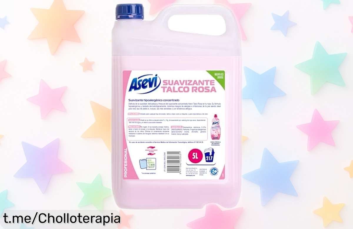 Suavizante concentrado Asevi profesional 5 litros con aroma duradero para pieles sensibles, que deja tu ropa suave hasta en los vaqueros ¡Precio rebajado y más de 200 lavados! Corre que vuelan estas unidades y no te lo puedes perder