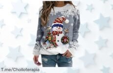 Sudadera navideña mujer con reno y muñeco de nieve rebajada brutalmente talla grande oferta limitada chollazo que no puedes dejar pasar corre que vuelan las unidades