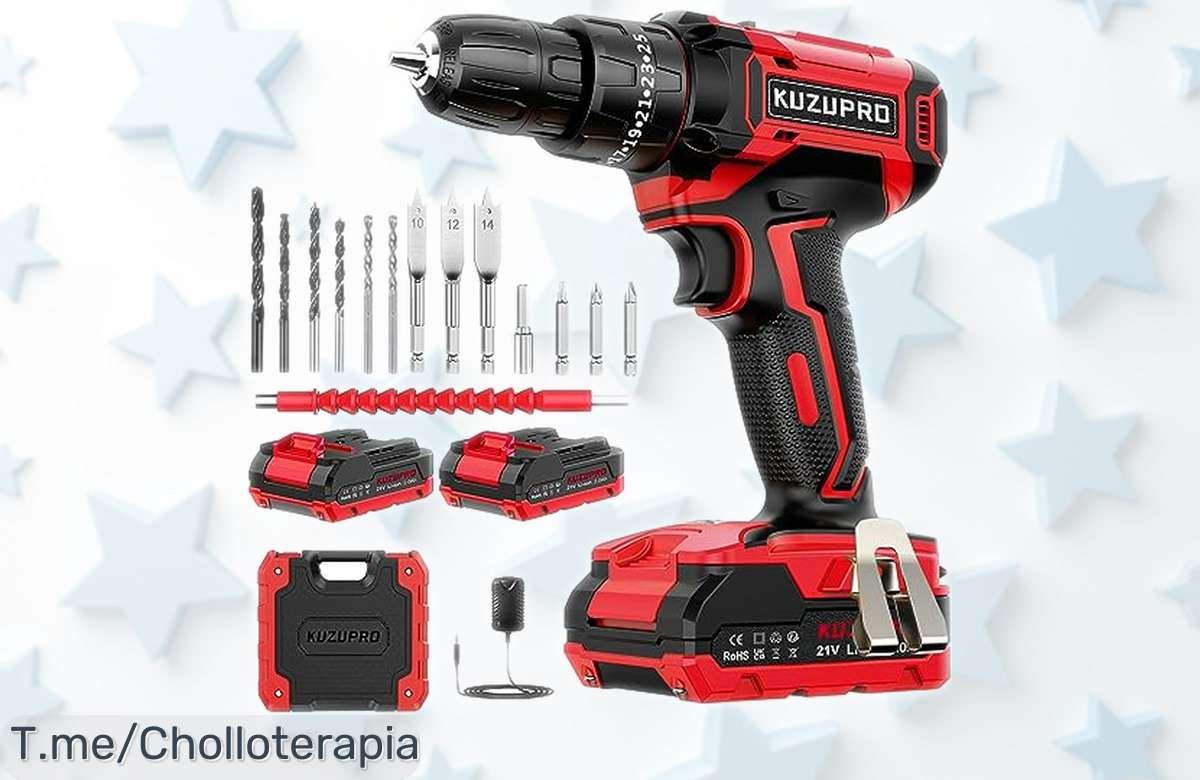 Taladro percutor a batería KUZUPRO 21V con doble batería y luz LED, fuerza extra para tus proyectos más duros ahora rebajado en un ofertón que vuela: ¡no pierdas este súper chollazo antes de que desaparezca!