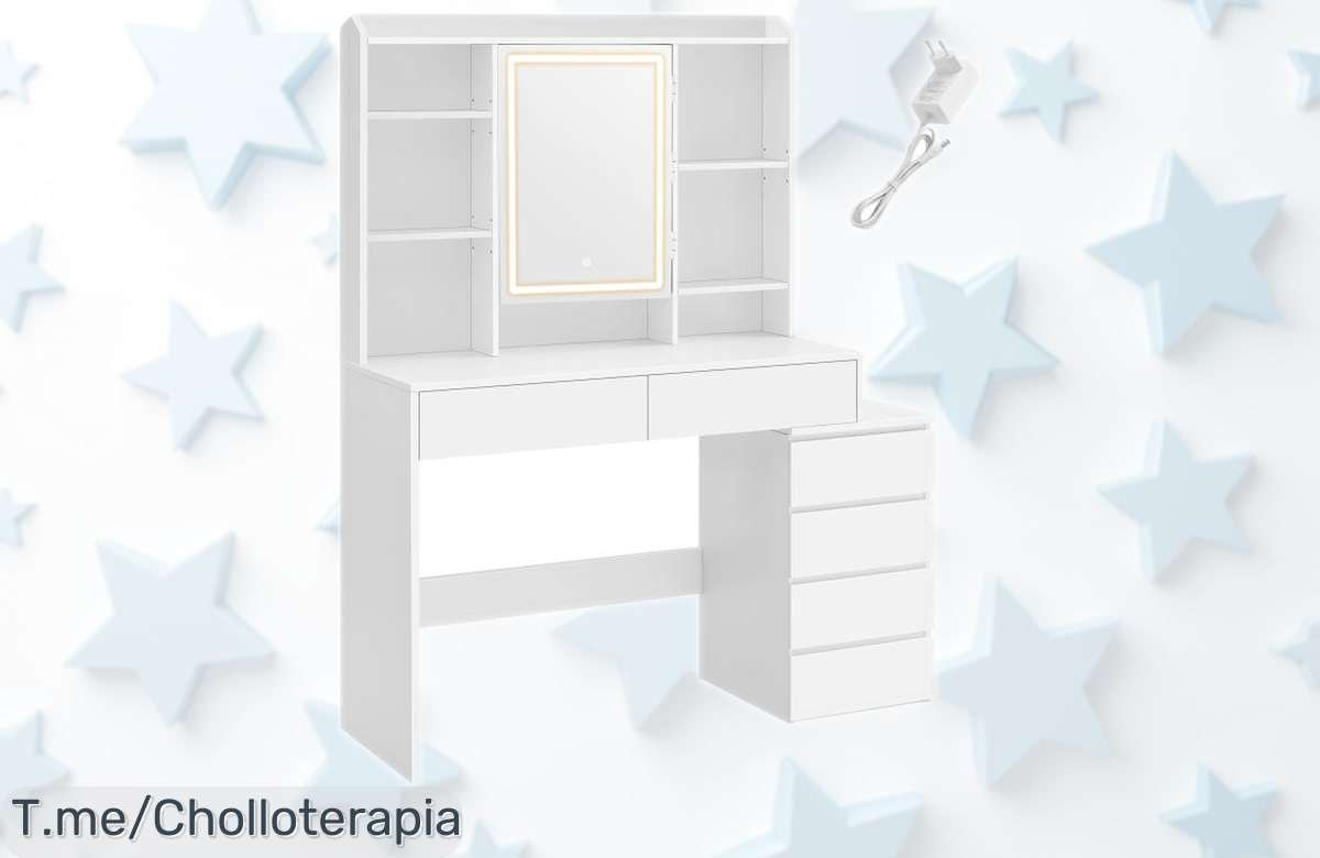 Tocador con luces LED ajustables Vasagle diseño moderno y práctico, espejo amplio y compartimentos perfectos para tu maquillaje oferta rebajada que vuela no la dejes escapar ya mismo