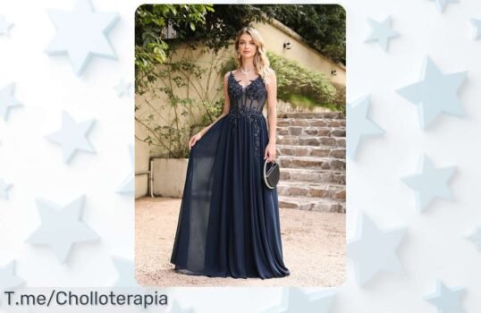 Vestido de noche azul marino con finas correas y apliques brillantes, un super chollo rebajado que no puedes dejar escapar para lucir espectacular en tu graduación o fiesta ¡Corre que vuelan las unidades!