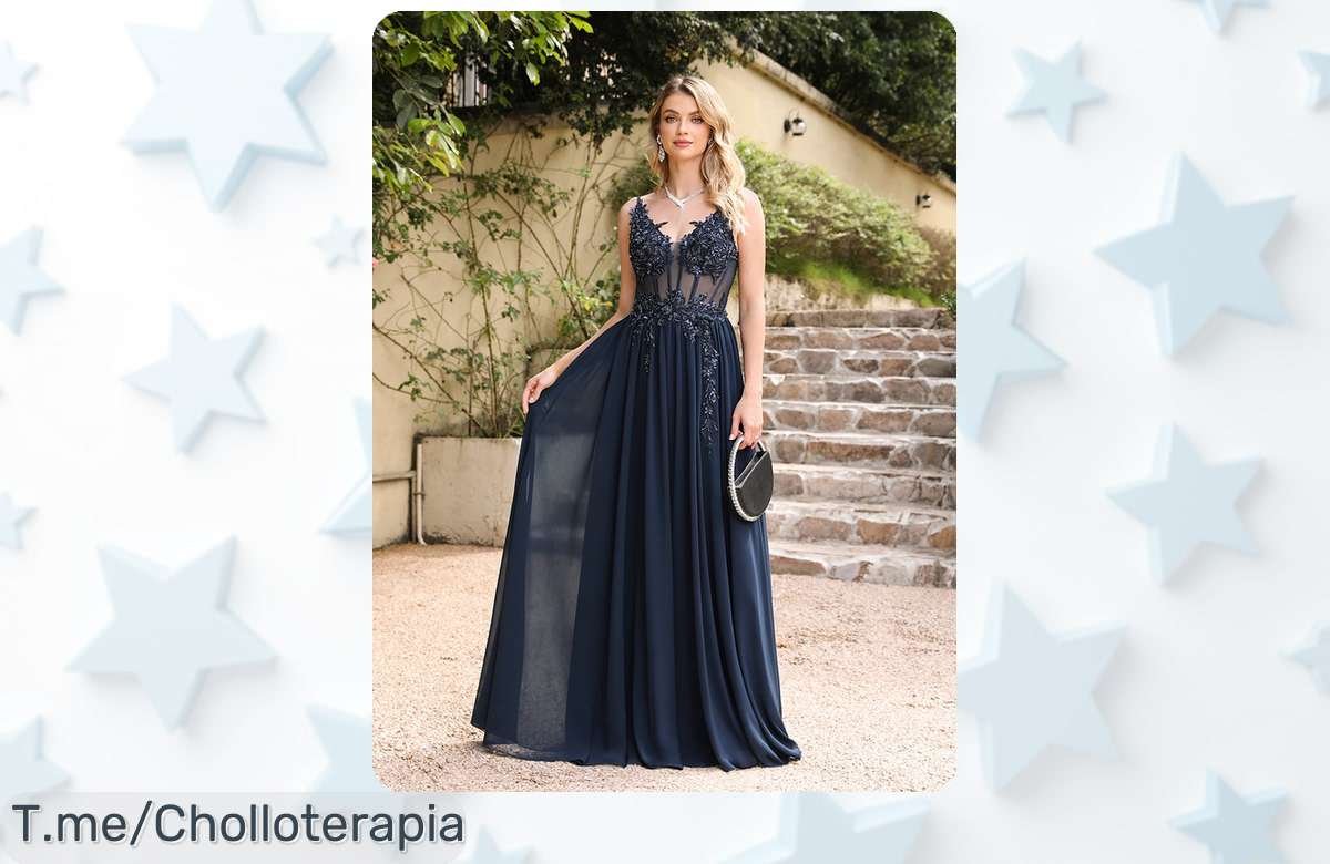 Vestido de noche azul marino con finas correas y apliques brillantes, un super chollo rebajado que no puedes dejar escapar para lucir espectacular en tu graduación o fiesta ¡Corre que vuelan las unidades!