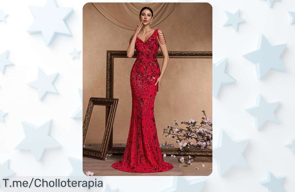 Vestido de noche rojo con lentejuelas y escote en V profundo diseño sirena, rebajado ahora para que deslumbres sin gastar más Corre que vuelan estas unidades únicas y conviértete en la estrella de cualquier fiesta o boda
