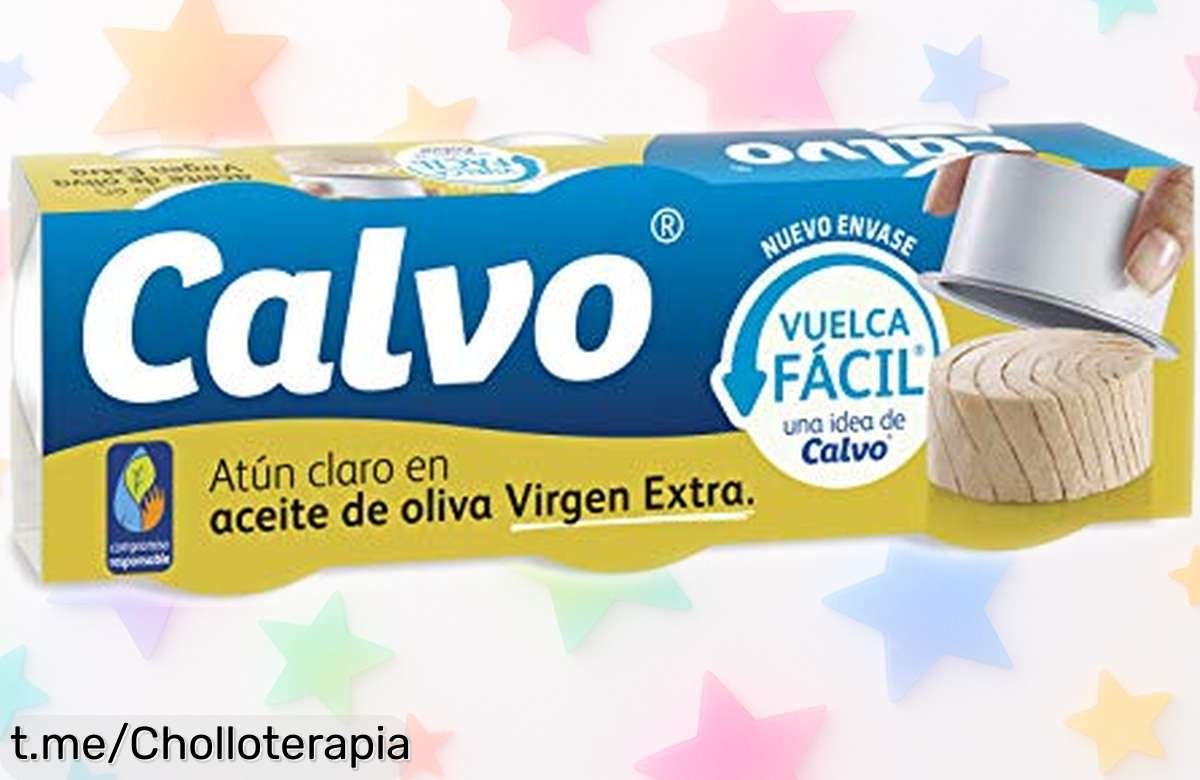 Atún claro en aceite de oliva virgen extra Calvo pack 3x65g con nuevo envase vuelca fácil y sabor top precio rebajado que no puedes dejar escapar corre antes de que se acabe este super chollo