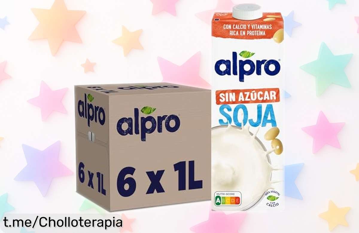 Bebida vegetal de soja Alpro sin azúcar, pack 6x1L con descuento brutal para cuidarte fácil y rico ¡sin lactosa ni gluten! Aprovecha este super chollo antes que vuelen tus cajas, solo queda tiempo limitado, corre que se acaba rápido.