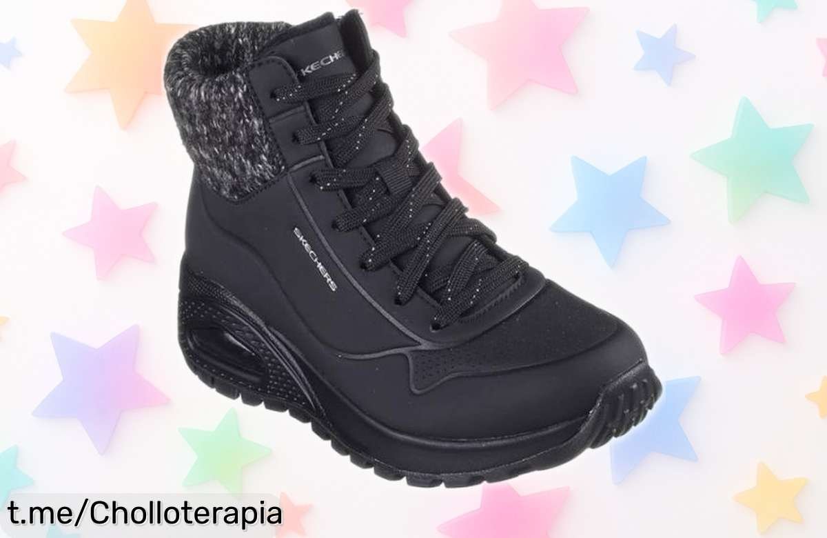 Botines planos Skechers para mujer en negro: diseño moderno y versátil a precio loca, ¡oferta limitada con unidades contadas que no querrás dejar pasar! Corre antes de quedarte sin ellos.