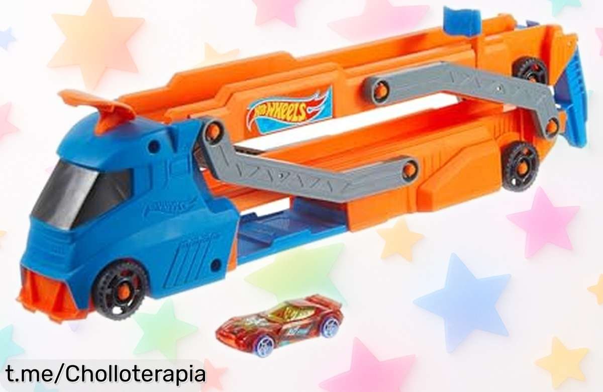 Camión transportador Hot Wheels HYT83 que se convierte en pista de 76 cm, ¡guarda hasta 9 coches y lanza acrobacias épicas! Precio rebajado, super chollo por tiempo limitado. No te pierdas esta locura, consigue el tuyo antes de que desaparezca.