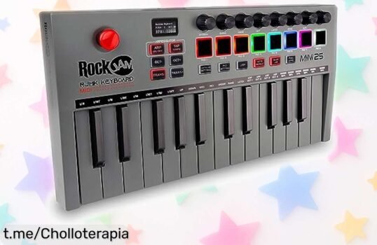 Controlador de teclado MIDI RockJam Go con Bluetooth y 25 teclas, ¡un super chollo que ilumina tu música! Con pads retroiluminados y batería de 4 horas a precio rebajado. No te lo pierdas, corre antes de que vuelen las unidades disponibles.