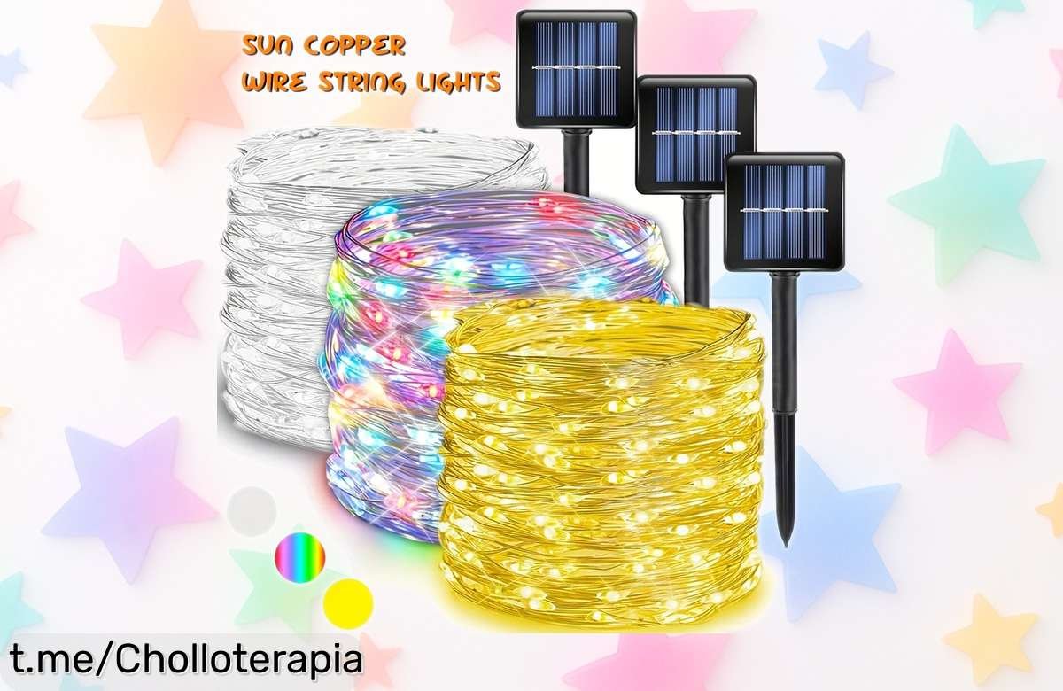 Guirnalda solar 32m con 300 LED RGB y 8 modos de luz alambre cobre precio rebajado que ilumina tu jardín o fiesta como nunca corre que vuelan luces exteriores ideales para Navidad chollazo único solo hoy