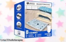 Juego de 8 bolsas al vacío SUOCO con bomba eléctrica para ahorrar espacio a tope y sellado que ni se escapa, precio rebajado brutal por tiempo limitado ¡pilla este ofertón antes de que desaparezca!