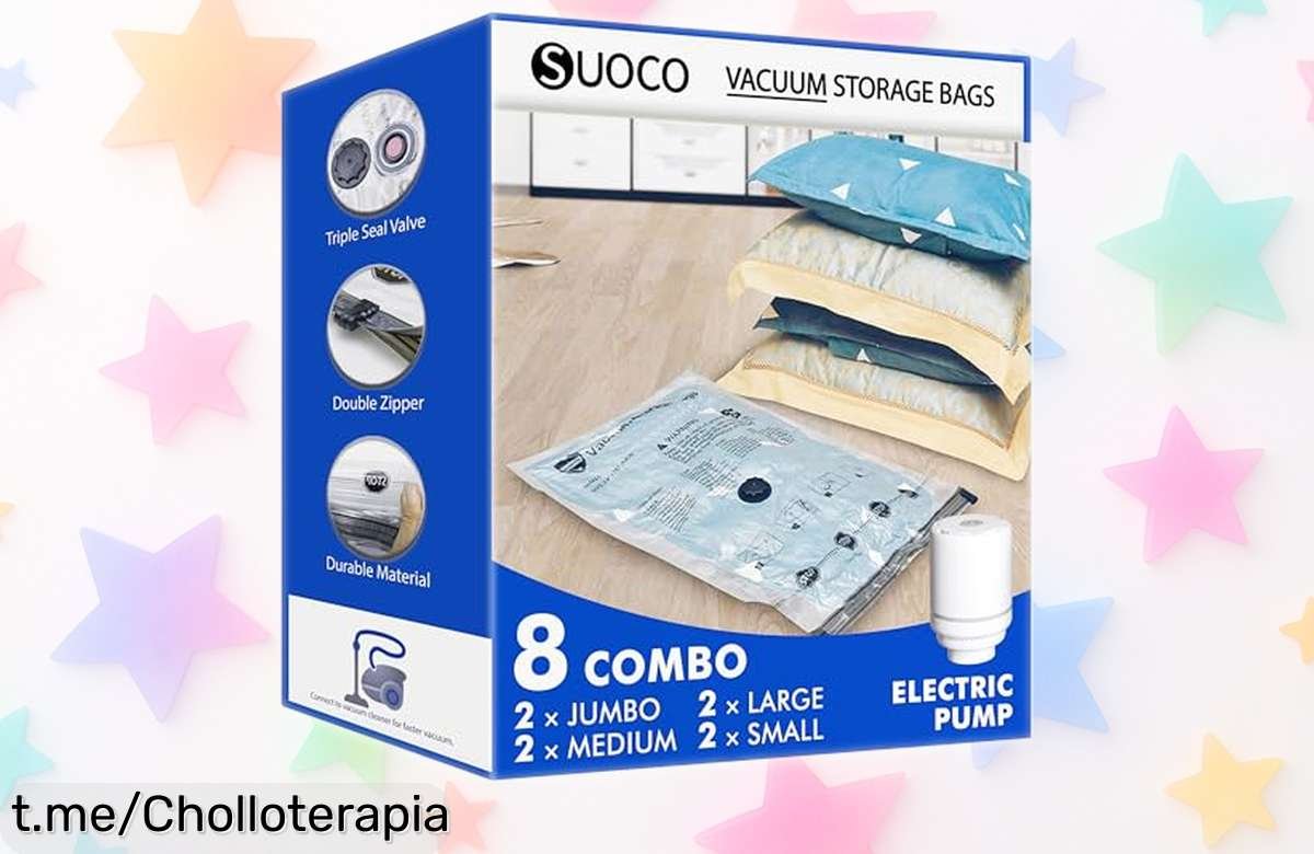 Juego de 8 bolsas al vacío SUOCO con bomba eléctrica para ahorrar espacio a tope y sellado que ni se escapa, precio rebajado brutal por tiempo limitado ¡pilla este ofertón antes de que desaparezca!