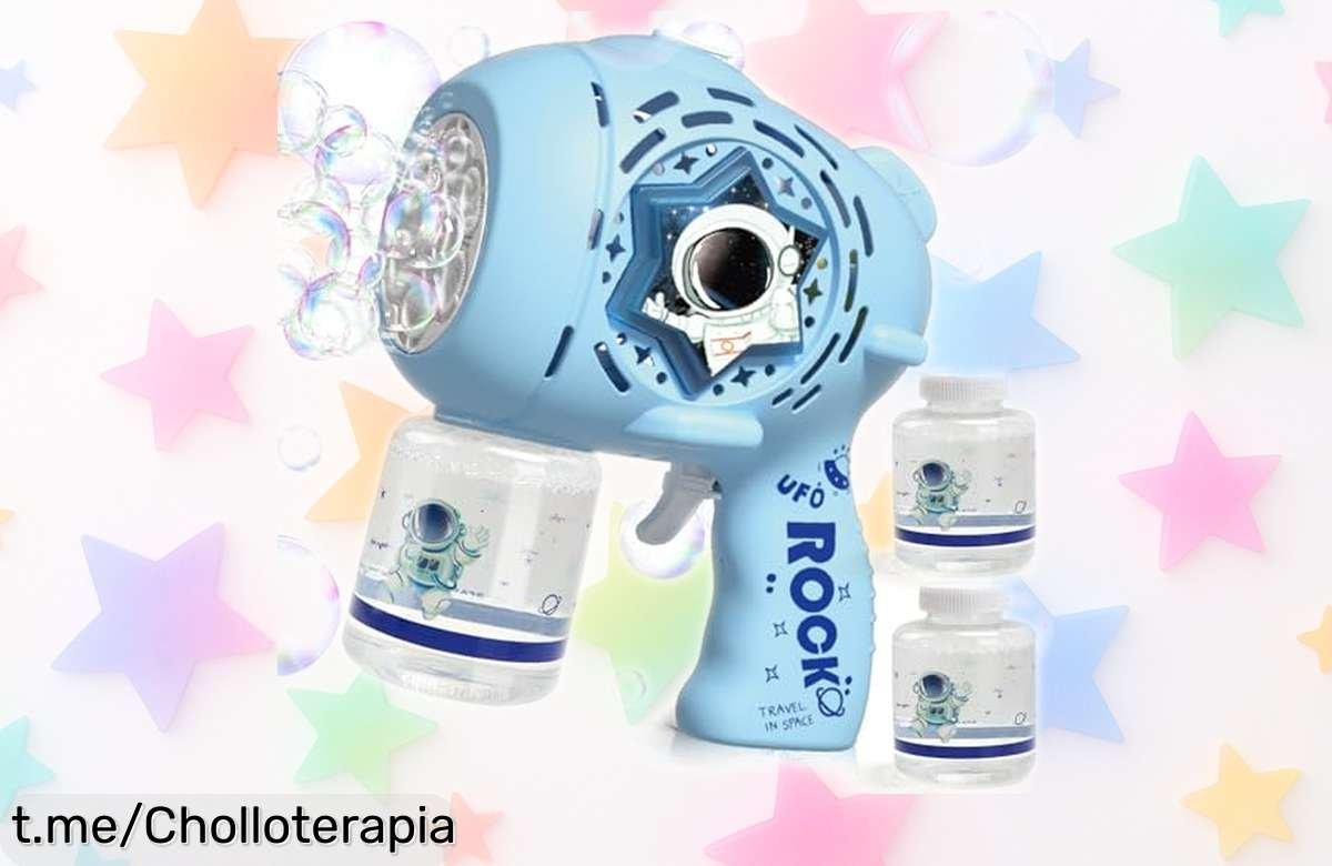 Máquina de burbujas espacial que lanza 5000 burbujas por minuto, ¡ahora a un precio súper rebajado! La diversión al alcance de tus peques no puede esperar.