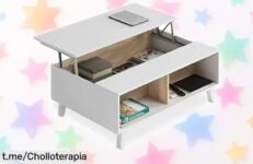 Mesa de centro elevable Zaiken Plus en blanco brillo y roble, ¡rebajada a un precio que vuela! Ideal para comer o trabajar cómodamente desde el sofá, no la dejes escapar.