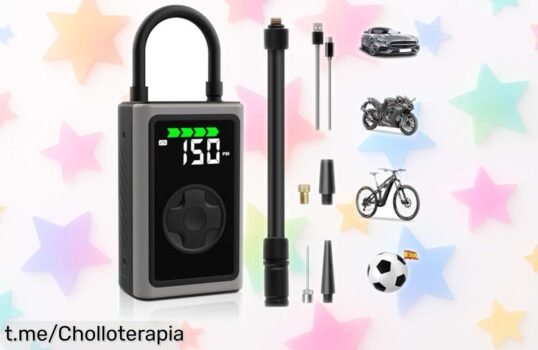 Mini compresor de aire portátil Hexinex 6500mAh con pantalla LCD y linterna LED infla rápido sin parar hasta la presión perfecta, ahora a un precio rebajado increíble ¡date prisa que este super chollo vuela en nada!