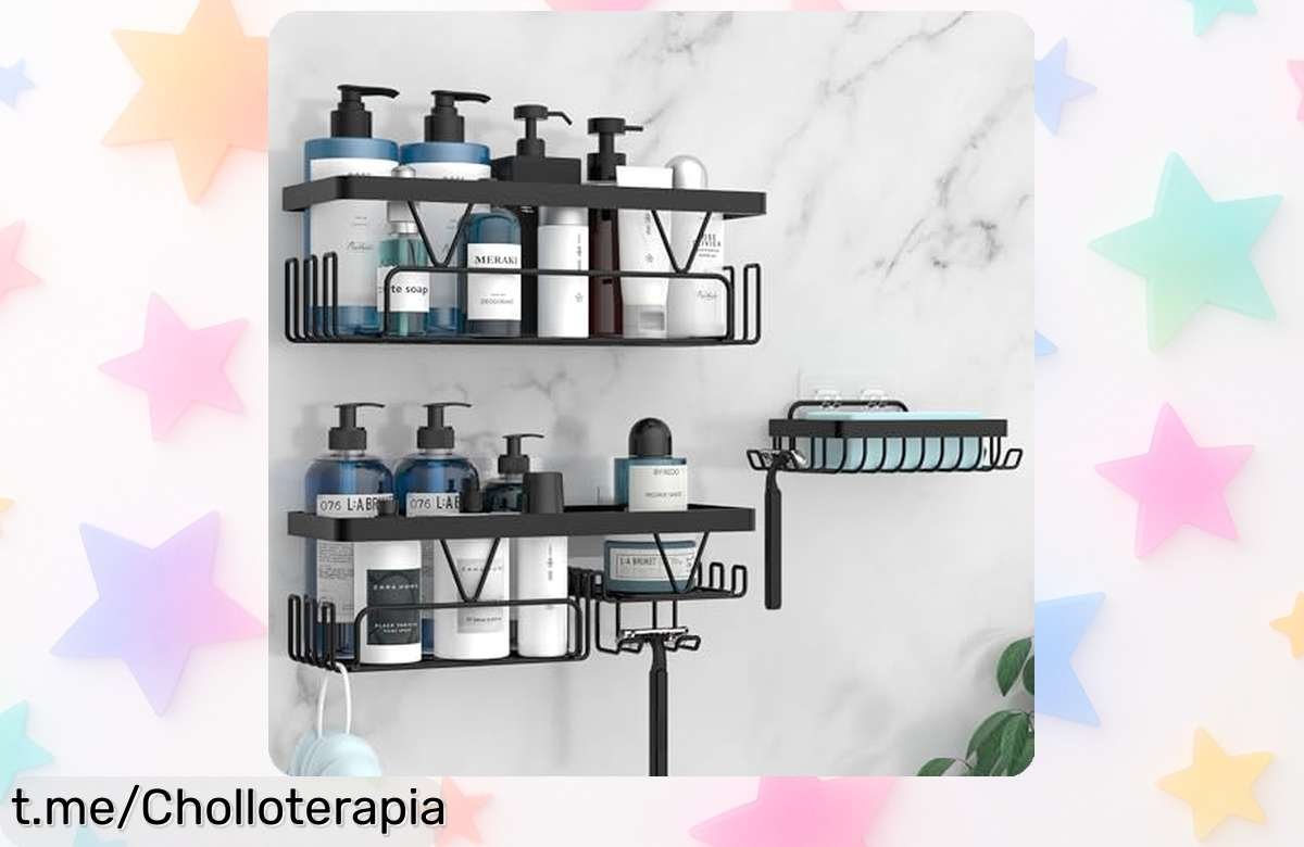 Organizador de baño YIGII negro súper resistente sin taladrar con jabonera y ganchos, oferta limitada con super descuentazo que no se repite ¡corre que vuela!