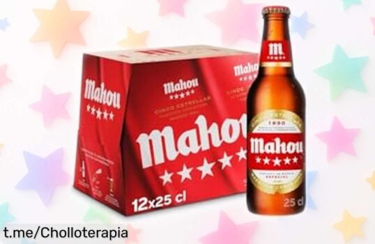 Pack de 12 botellas Mahou 5 Estrellas sabor refrescante con aroma único, ahora a un precio rebajado que no dura para siempre ¡Un ofertón exclusivo para saborear historia en cada trago, corre antes de que se acabe!