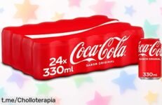 Pack de 24 latas de CocaCola sabor original rebajado para que no te lo pierdas, el refresco clásico que vuelve a unir amigos y chispear momentos felices. ¡No esperes más, esta oferta única se va volando!