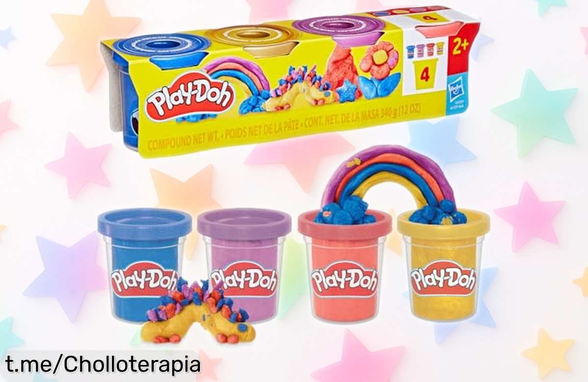 Pack de 4 botes de plastilina PlayDoh con brillo metálico único, diversión sin fin y creatividad a tope con un precio rebajado que vuela; no te quedes fuera y llévatelo ya antes de que desaparezca esta ganga.