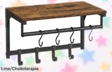 Perchero de pared Vasagle con 8 ganchos desmontables y estante diseño industrial súper elegante rebajado por tiempo limitado ¡organiza tu espacio ya con este super chollo!