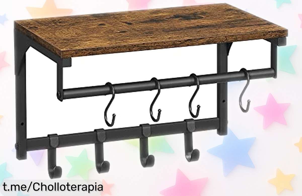 Perchero de pared Vasagle con 8 ganchos desmontables y estante diseño industrial súper elegante rebajado por tiempo limitado ¡organiza tu espacio ya con este super chollo!