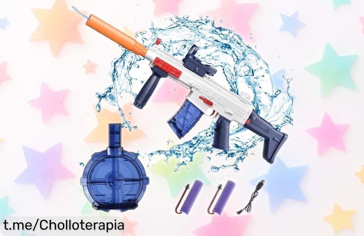Pistola de agua eléctrica Scar con doble tanque y batería recargable que dispara hasta 8 metros para disparar diversión sin parar, precio rebajado por tiempo limitado ¡no dejes escapar este super chollo!